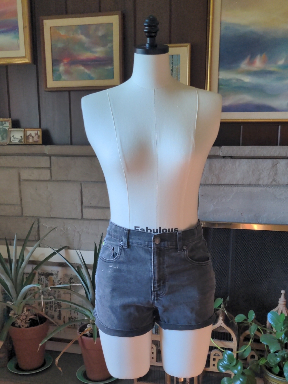 Summer Uniform Shorts. Distressed Black Denim. High Rise Elastic Waist. S or M